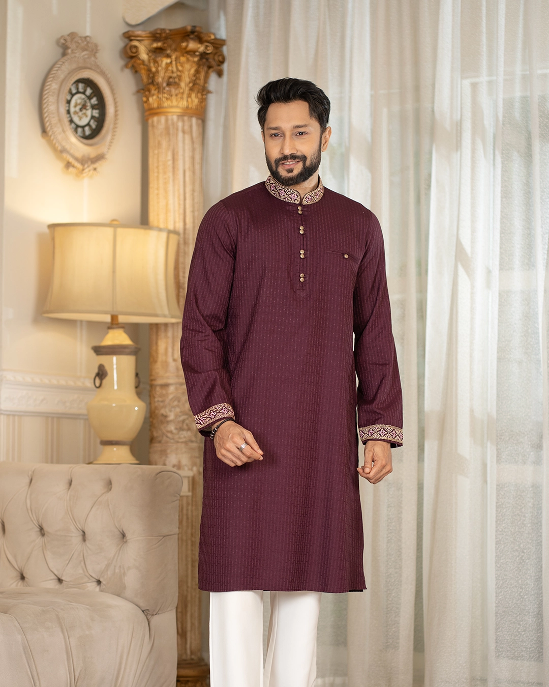 Exclusive Plum Textured Panjabi with Embroidered Collar