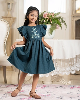 Baby Girl Teal Green Cotton Tencel Flutter Sleeve Embroidered Frock