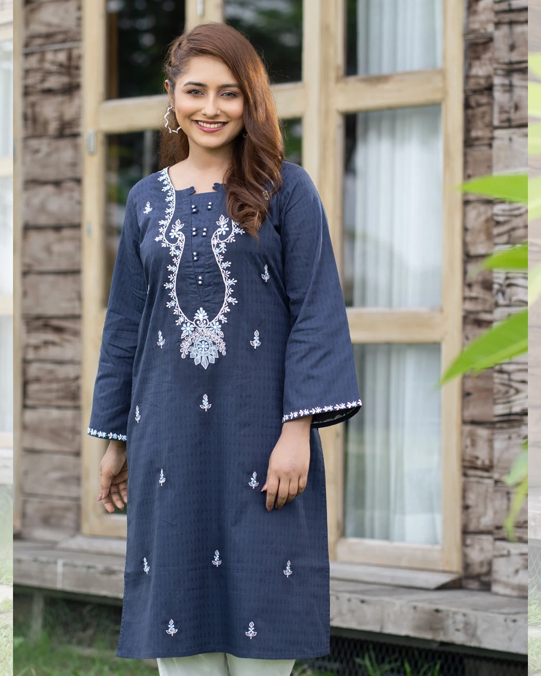 Navy Blue Cotton Embroidered Two Piece Kurti Set
