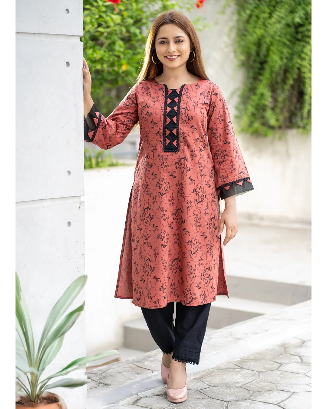 Premium Terracotta & Black Floral Print Cotton Kurti Set