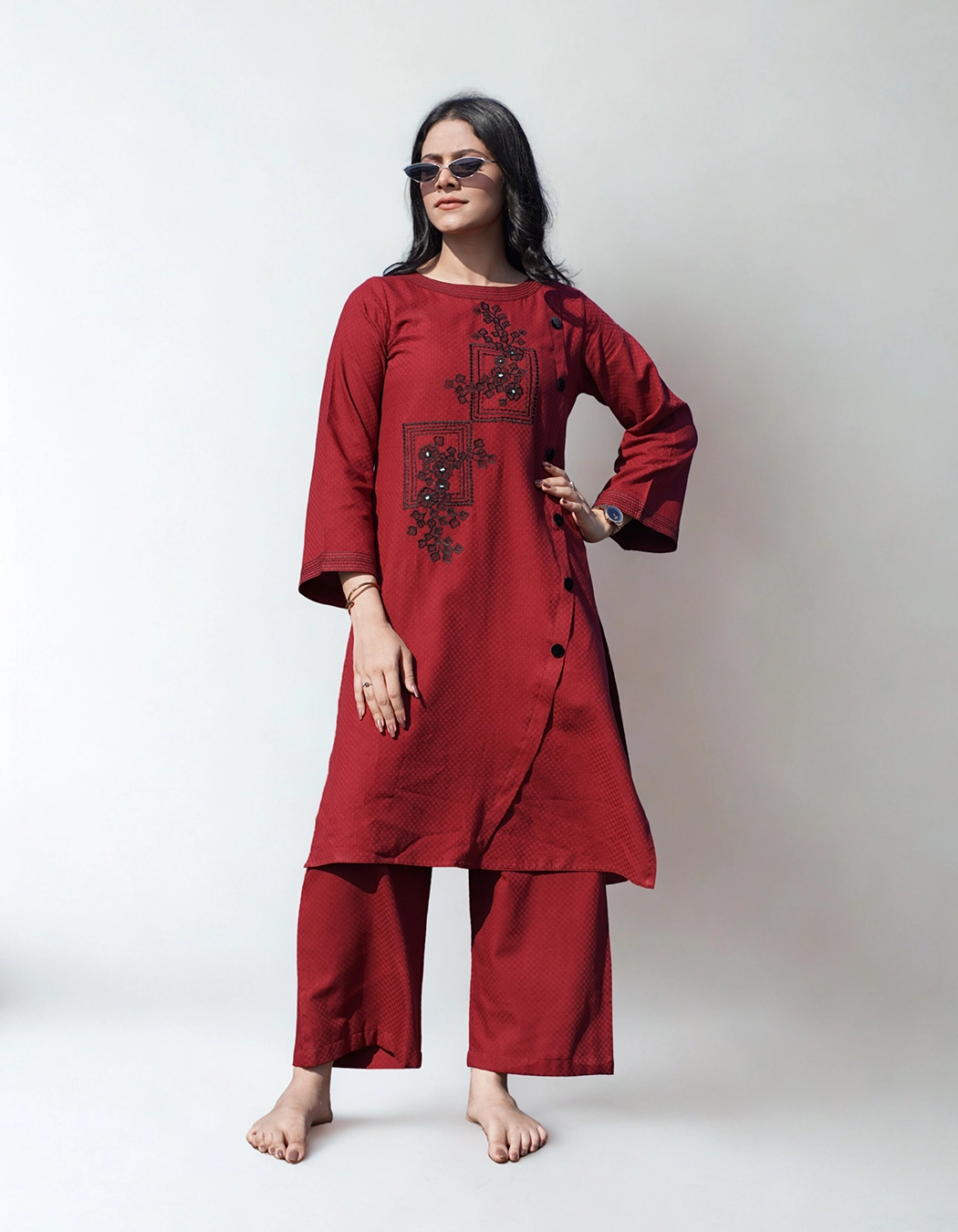 Maroon Embroidered Cotton Light Denim Co-ord Set (LES-1914A)