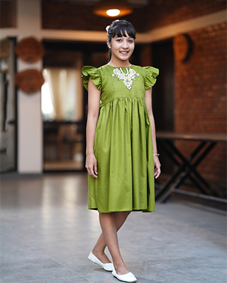 Girls' Deep Olive Green Frock with Floral Embroidery & Ruffle Sleeves - EEW-FC- 2005