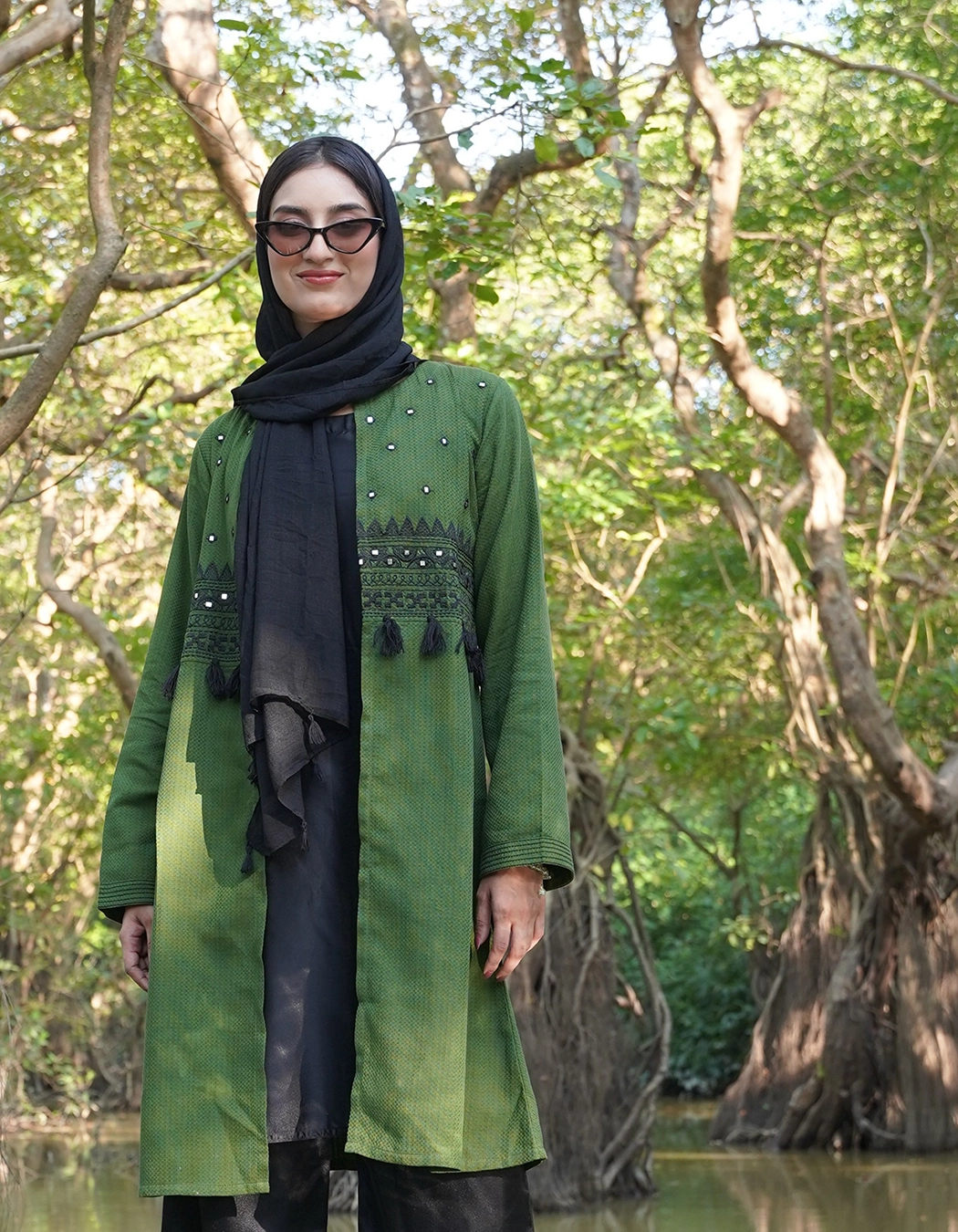 Sage Green Embroidered Tassel Long Shrug(LES-1922A)