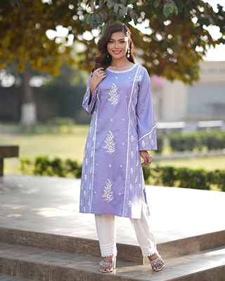 Girls' Lavender Blue Kurti with Floral Embroidery and Stripe Detail - EEW-FC-2003B