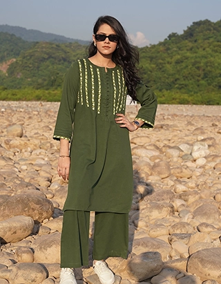 Olive Green Floral Embroidered Co-ord Set (LES-1916)
