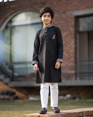 Baby Boys' Black Jacquard Panjabi with Gold Embroidery - EEW-FC- 2004B