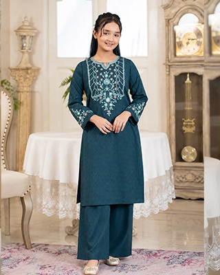 Baby Girl Deep Teal Cotton Tencel Embroidered Two Piece Set