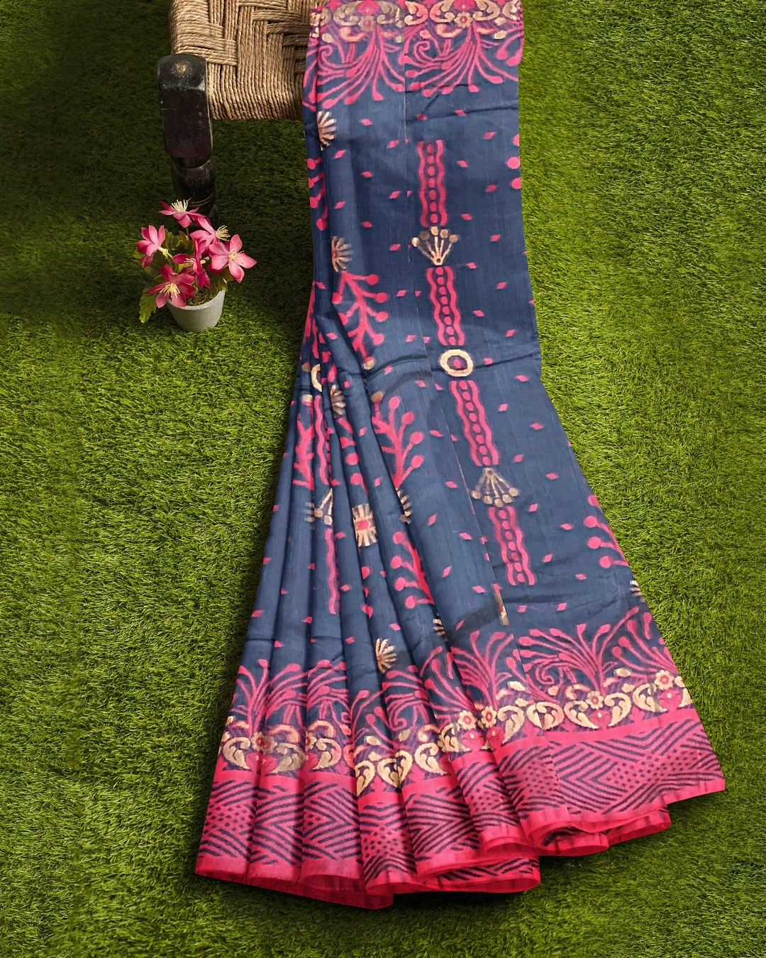 Dark Grey Blue & Rose Pink Half-Silk Saree