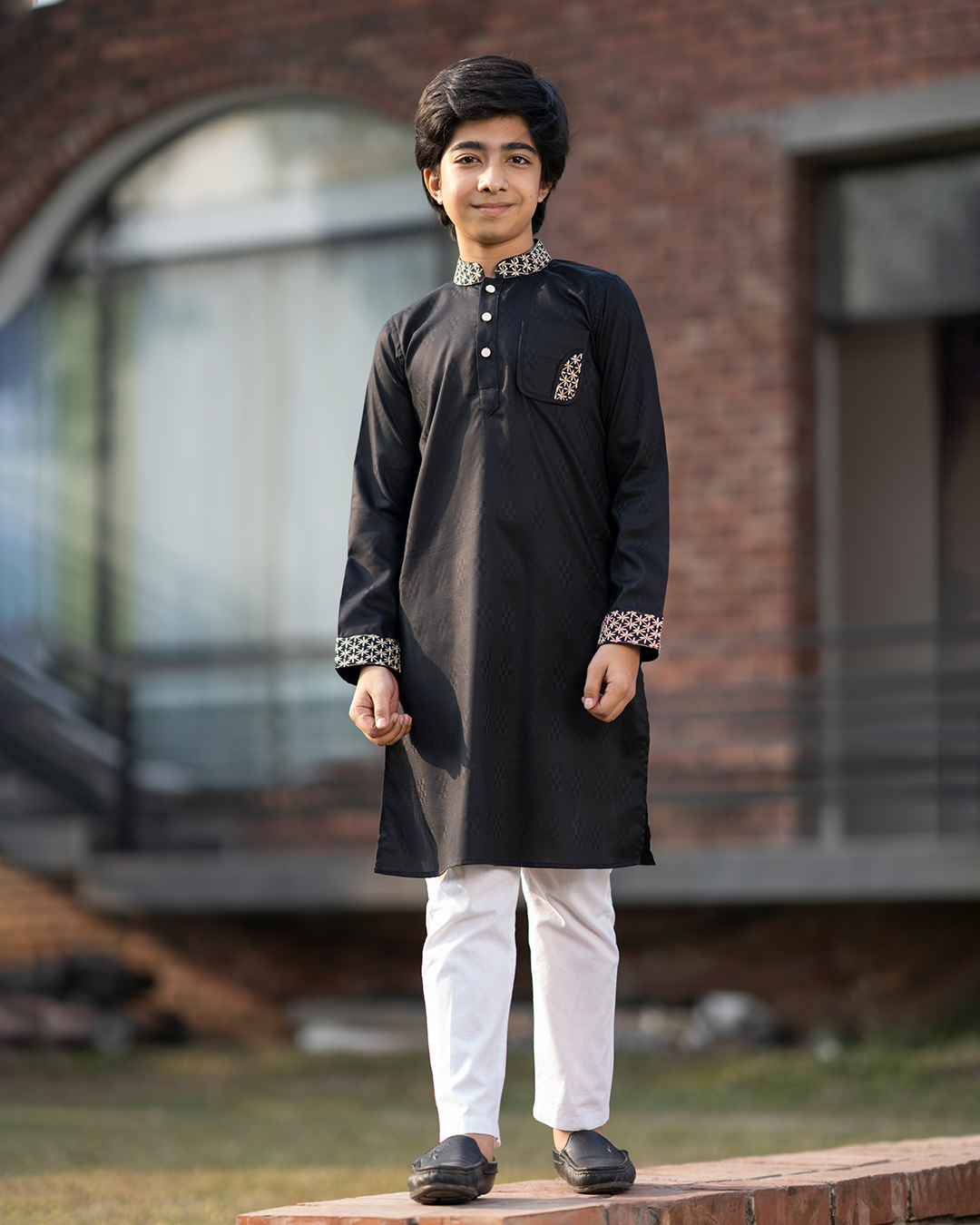 Baby Boys' Black Jacquard Panjabi with Gold Embroidery - EEW-FC- 2004B