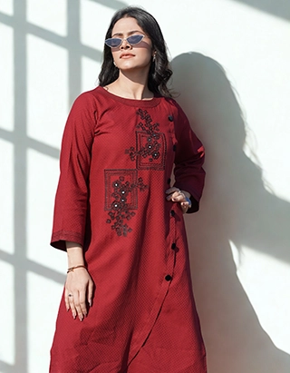 Maroon Embroidered Cotton Light Denim Co-ord Set (LES-1914A)