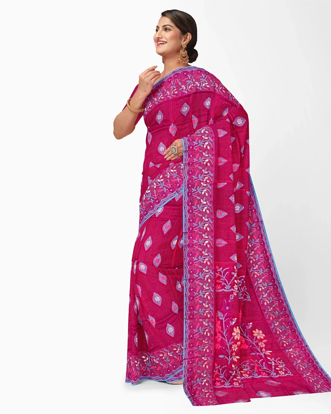 Vibrant Magenta Floral Embroidered Half-Silk Saree