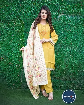 Mustard yellow Embroidered Cotton Three-Piece Suit with Magenta Organza Dupatta-FLK-07