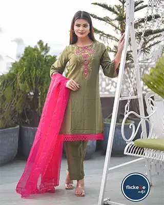 Olive Embroidered Blended Silk Cotton Three Piece – Festive Salwar Kameez Set-FLK-01