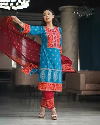 Premium Ethnic Blue 3 Piece Dress with Maroon Dupatta – Flickere Outfit
