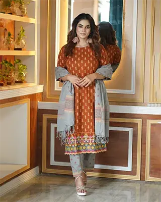 Rust Orange Embroidered 3 Piece Cotton Suit Set for Women | Flickere Outfit