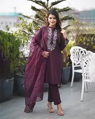 Dark Violet Embroidered Salwar Kameez with Maslin Organza Dupatta (Three-Piece Set)-FLK-05