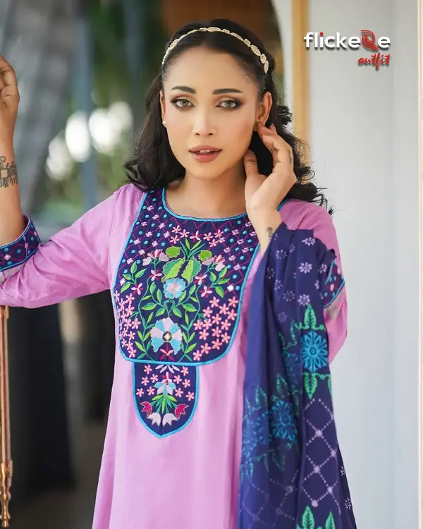 Elegant Light Pink & Navy Blue Embroidered 3 Piece Dress | Flickere Outfit