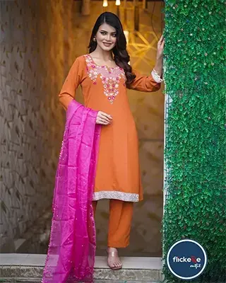Embroidered Rust Three-Piece Set with Contrast Pink Dupatta-FLK-04