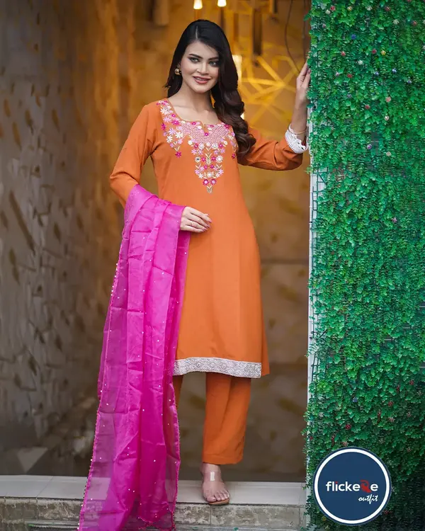 Embroidered Rust Three-Piece Set with Contrast Pink Dupatta-FLK-04