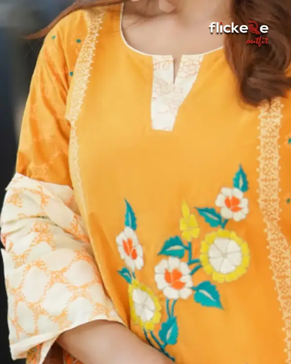 Premium Mustard Floral Embroidered 3 Piece Dress for Women | Flickere Outfit