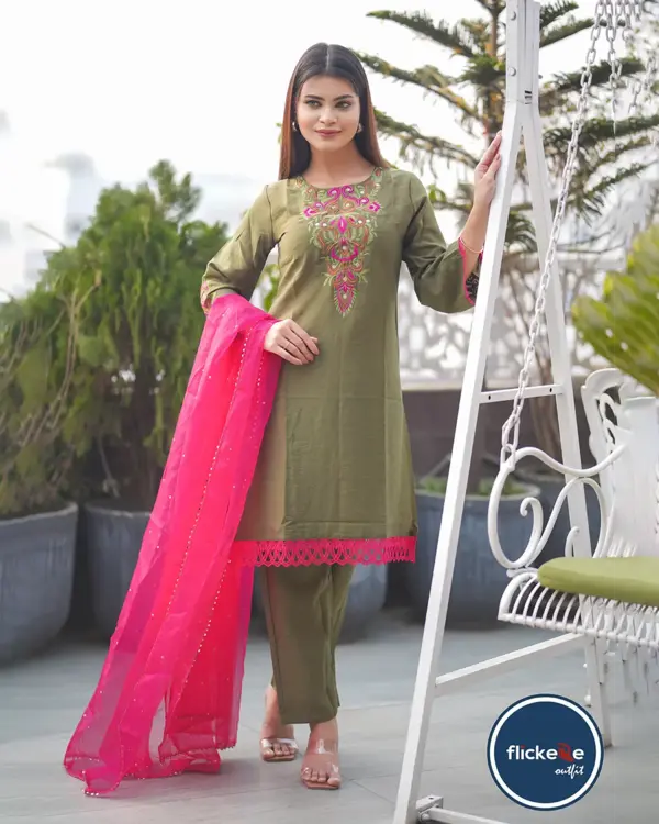 Olive Embroidered Blended Silk Cotton Three Piece – Festive Salwar Kameez Set-FLK-01