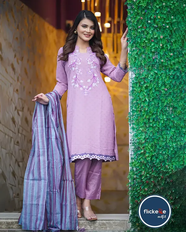 warmer Lavender Jacquard Cotton Salwar Kameez with Sequins Dupatta-FLK-03
