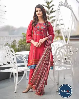 Rich Red Embroidered Silk Cotton Salwar Kameez with Gujarati Silk Dupatta-FLK06