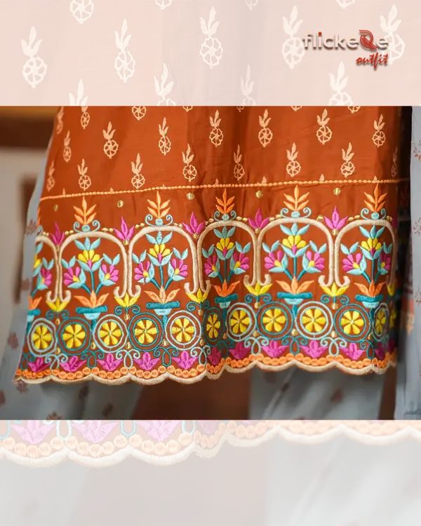 Rust Orange Embroidered 3 Piece Cotton Suit Set for Women | Flickere Outfit