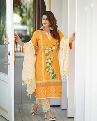 Premium Mustard Floral Embroidered 3 Piece Dress for Women | Flickere Outfit