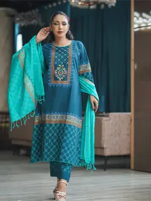 Elegant Teal Blue Embroidered Three Piece Salwar Kameez Set for Women | Flickere Outfit