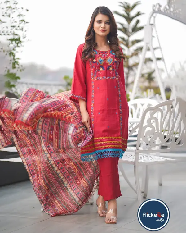 Rich Red Embroidered Silk Cotton Salwar Kameez with Gujarati Silk Dupatta-FLK06