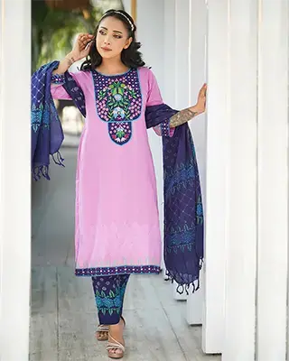 Elegant Light Pink & Navy Blue Embroidered 3 Piece Dress | Flickere Outfit