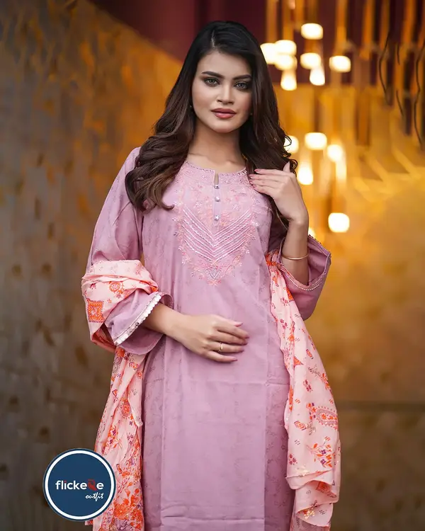 Elegant Peach Embroidered Suit with Multi-Color Organza Dupatta-FLK-02