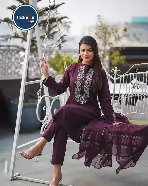 Dark Violet Embroidered Salwar Kameez with Maslin Organza Dupatta (Three-Piece Set)-FLK-05