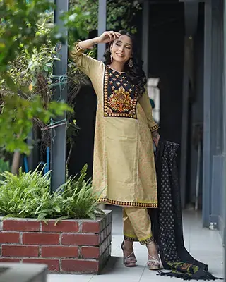 Elegant Mustard Embroidered 3 Piece Salwar Kameez Set for Women