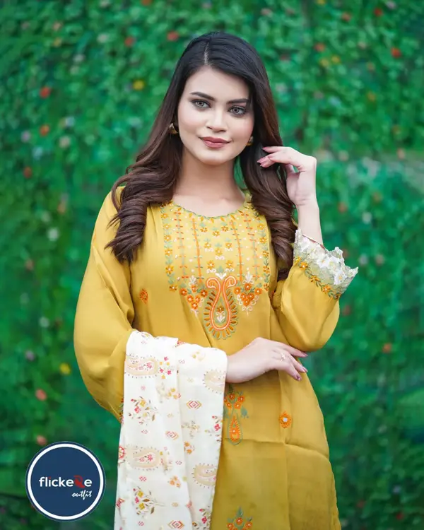 Mustard yellow Embroidered Cotton Three-Piece Suit with Magenta Organza Dupatta-FLK-07