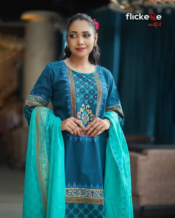 Elegant Teal Blue Embroidered Three Piece Salwar Kameez Set for Women | Flickere Outfit