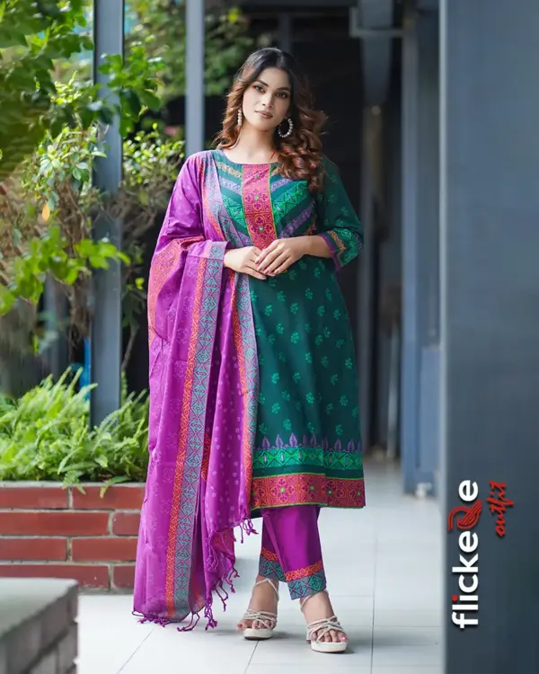 Purple & Deep Green Printed & Embroidered Cotton 3 Piece Salwar Kameez Set for Women | Flickere Outfit