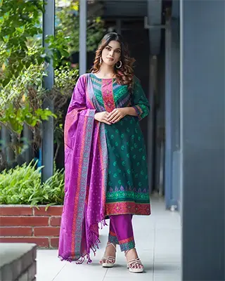 Purple & Deep Green Printed & Embroidered Cotton 3 Piece Salwar Kameez Set for Women | Flickere Outfit